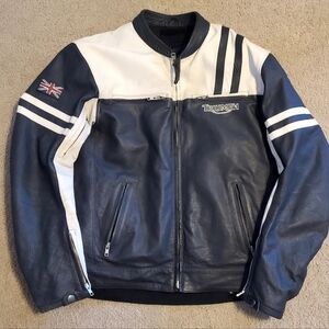 Men's L, Triumph Navy Blue and White Leather Riding Jacket